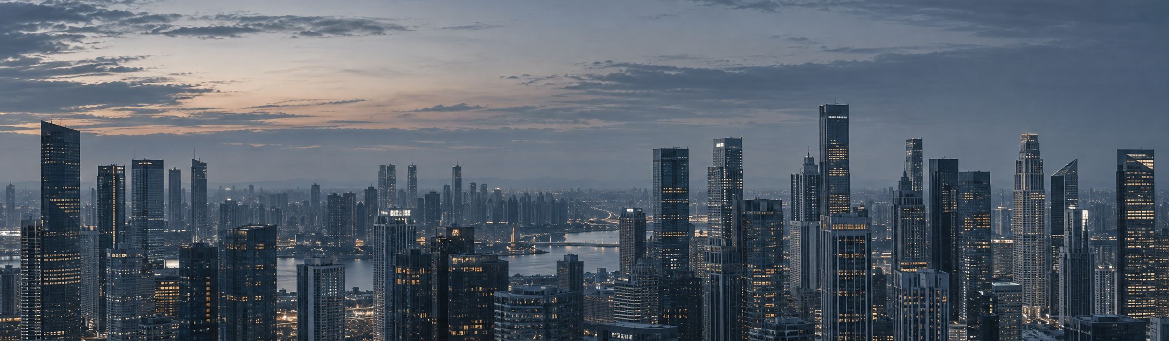 Edifícios contemporâneos iluminados ao anoitecer, em uma paisagem urbana internacional