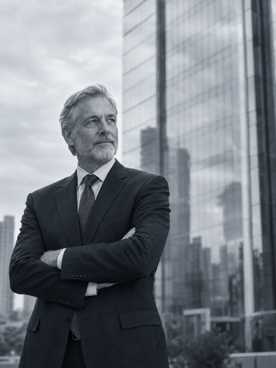 Executivo diante de torre corporativa, visão de longo prazo