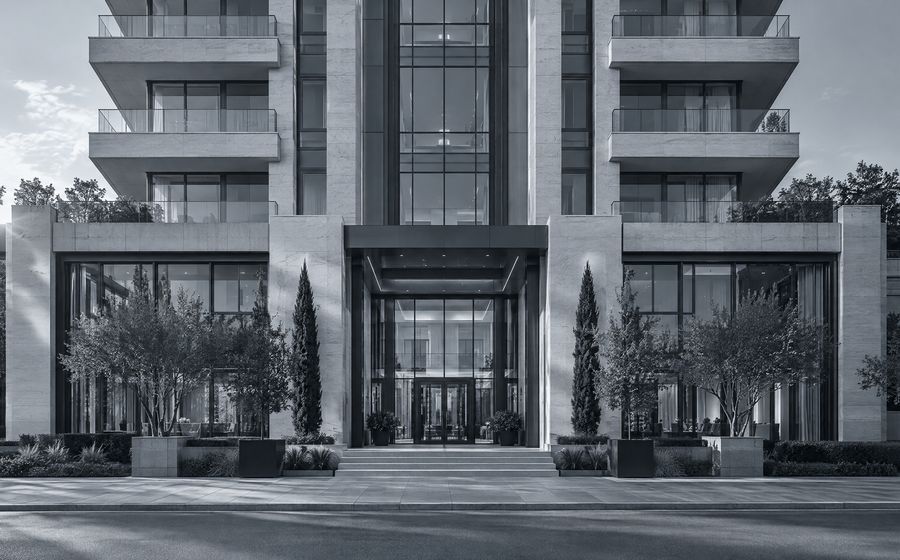 Fachada de edifício residencial e comercial, símbolo da holding patrimonial